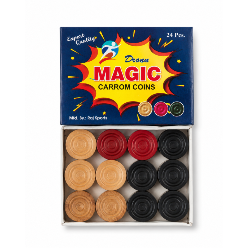 Magic Carrom Coins Set for Kids & Adults | 24 Pieces Wooden Carrom Men Box