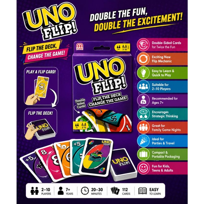 UNO Flip! Card Game | Double-Sided Family Card Game | Strategy & Fun Party Game for Kids, Teens & Adults | 2–10 Players | Age 7+
