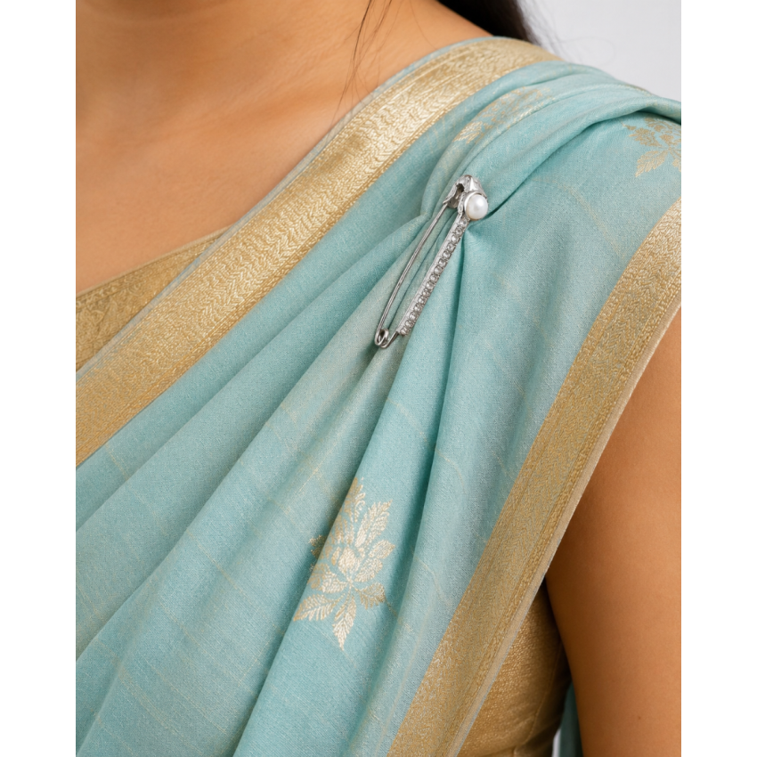 Silver Rhinestone Saree Pin with Pearl | Decorative Safety Pin Brooch for Saree, Dupatta, Shawl & Hijab | Women's Fashion Accessory (5 cm)