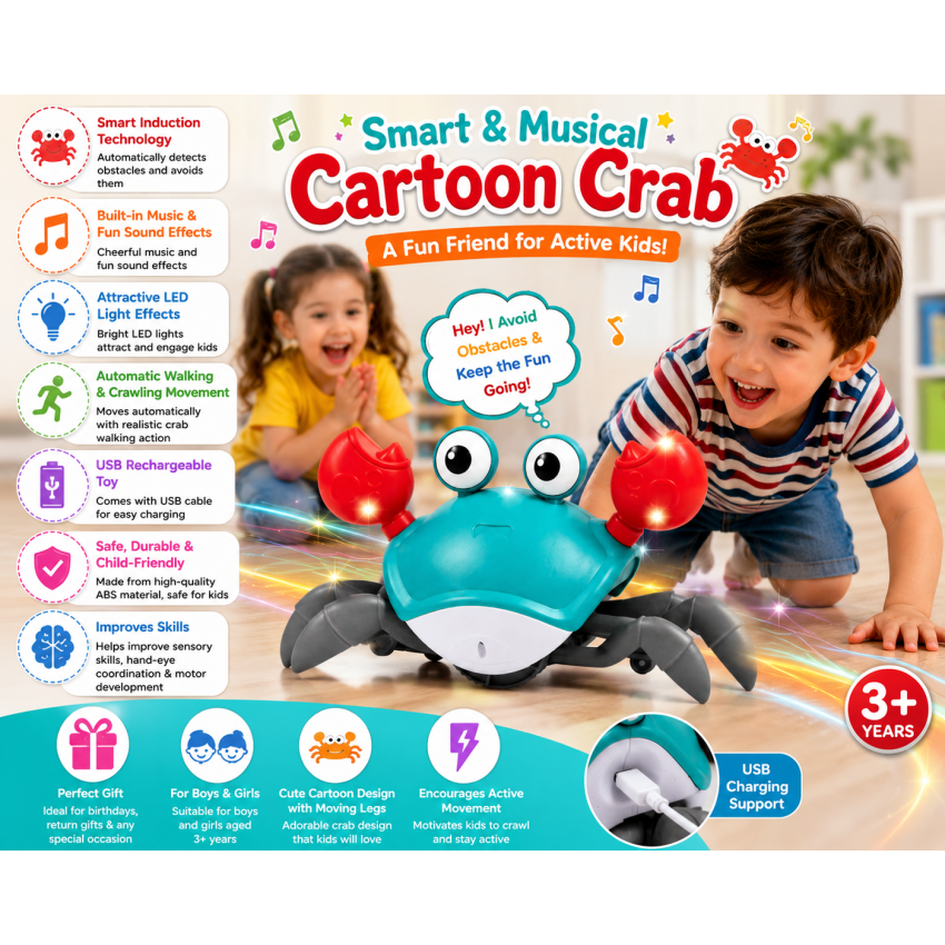 Rechargeable Musical Walking Crab Toy for Kids with LED Lights & Obstacle Avoidance | USB Charging Cartoon Electric Crab Toy for Boys & Girls
