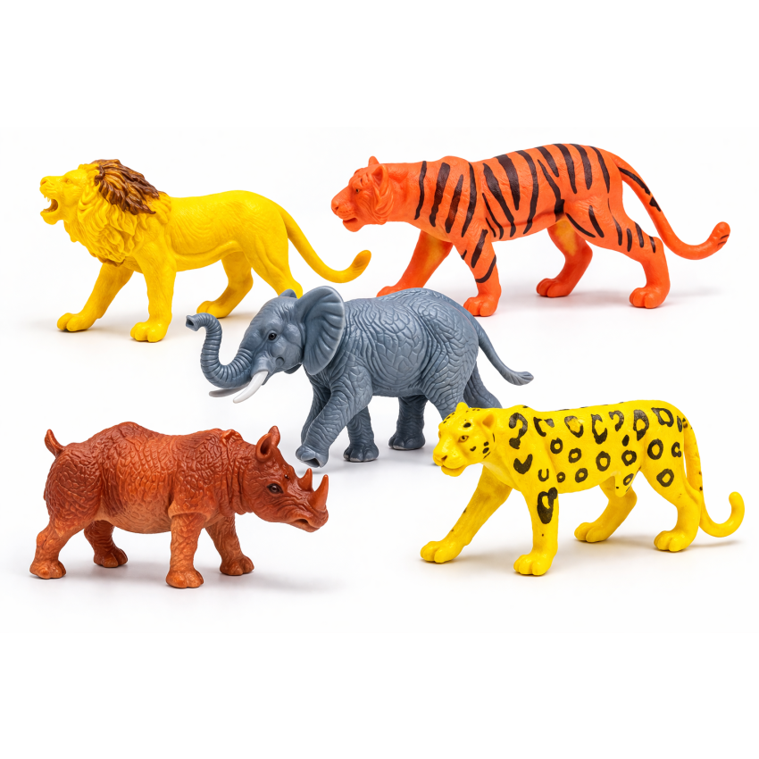 Wild Animal Toy Set for Kids | Jungle Animal Figurines Pack (Lion, Tiger, Elephant, Rhino, Leopard) | Educational Animal Toys for Toddlers | Kids Learning & Pretend Play Set (3+ Years)