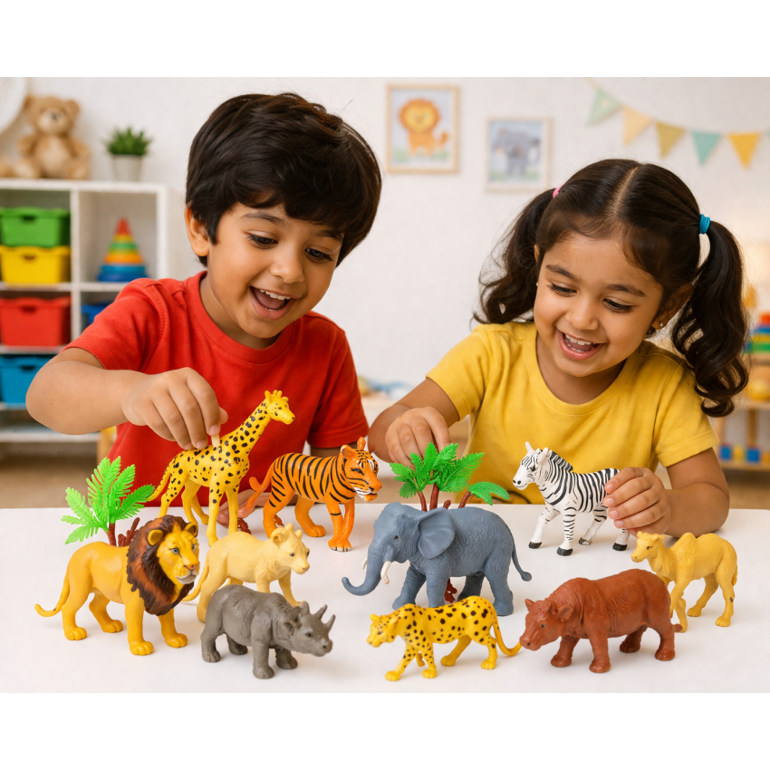 Wild Animal Toy Set for Kids (12+ Pieces) | Jungle Animal Figurines with Trees | Educational Learning Toys for Toddlers | Zoo Animal Play Set for Boys & Girls (3+ Years)