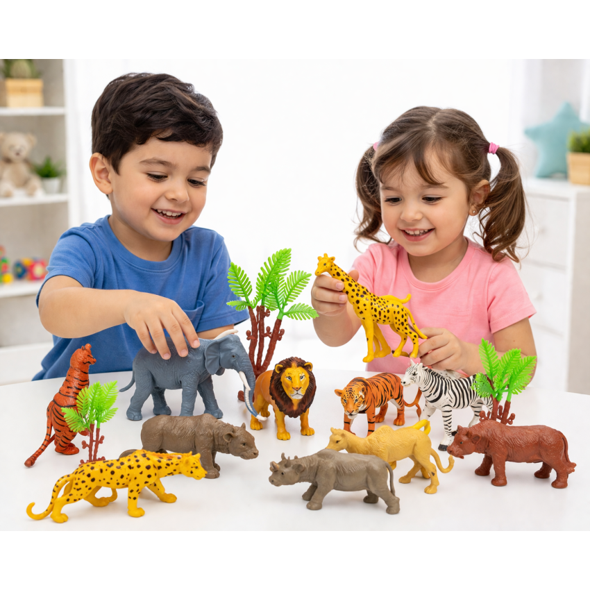 Wild Animal Toy Set for Kids (12+ Pieces) | Jungle Animal Figurines with Trees | Educational Learning Toys for Toddlers | Zoo Animal Play Set for Boys & Girls (3+ Years)