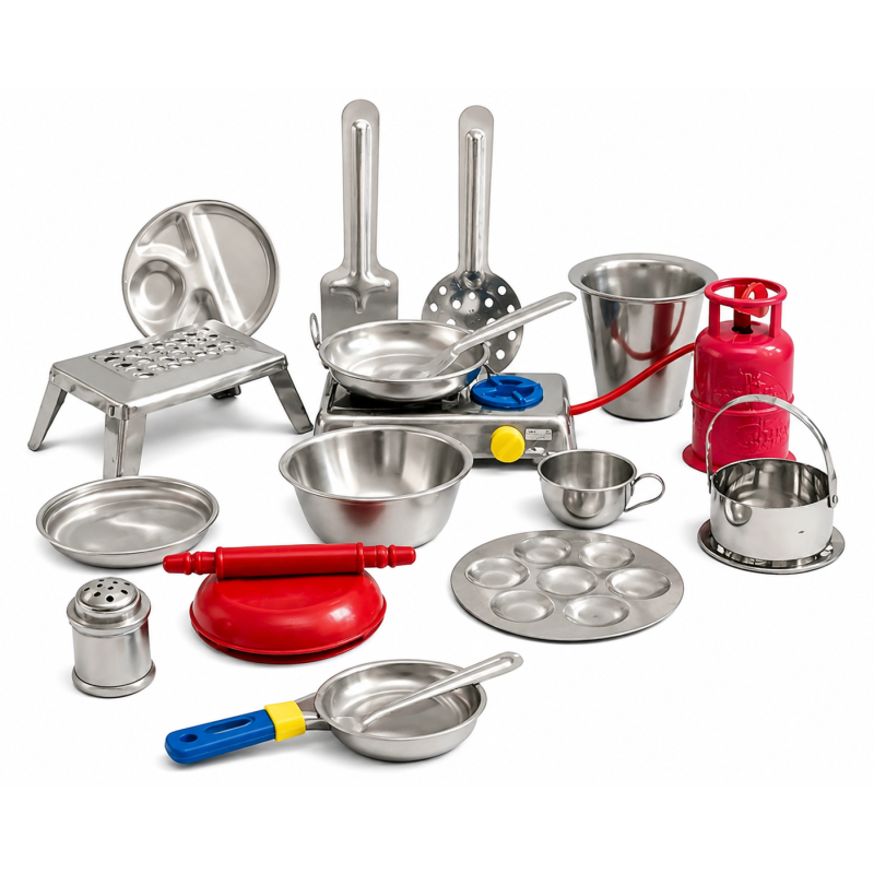 Steel Kitchen Set for Kids – Stainless Steel Cooking Utensils Toy Set with Gas Stove & Accessories, Pretend Play Kitchen Set for Boys & Girls (Multicolor)