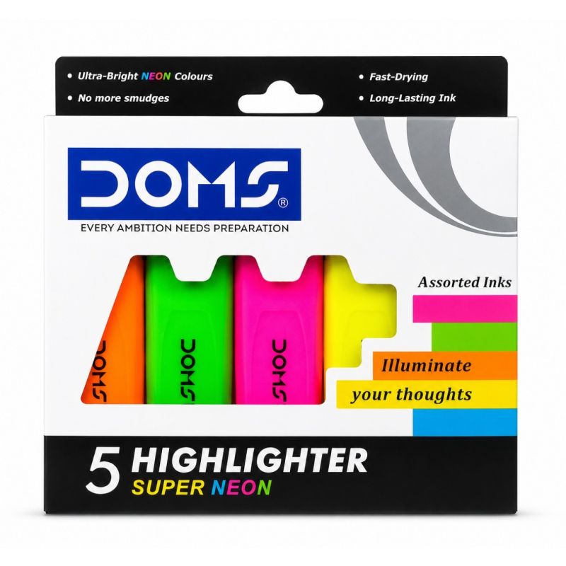 DOMS Super Neon Highlighter Pens Set of 5 | Assorted Fluorescent Colors | Chisel Tip | Fast Dry Ink | Office, School & Study Marker