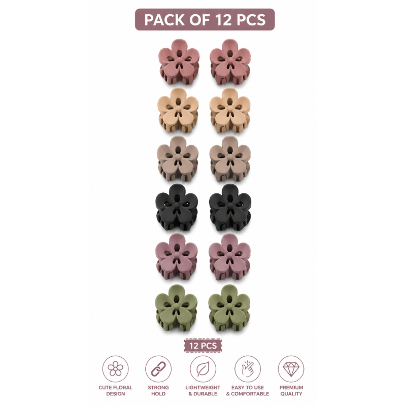 Pack of 12 Flower Shape Mini Hair Claw Clips for Women & Girls | Matte Finish Strong Hold Hair Clutch Clips | Multicolor Cute Hair Accessories