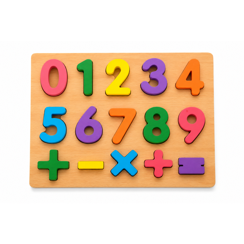 Wooden Number Puzzle Board for Kids – Colourful Educational Math Learning Toy with Numbers & Symbols for Boys & Girls (3+ Years)